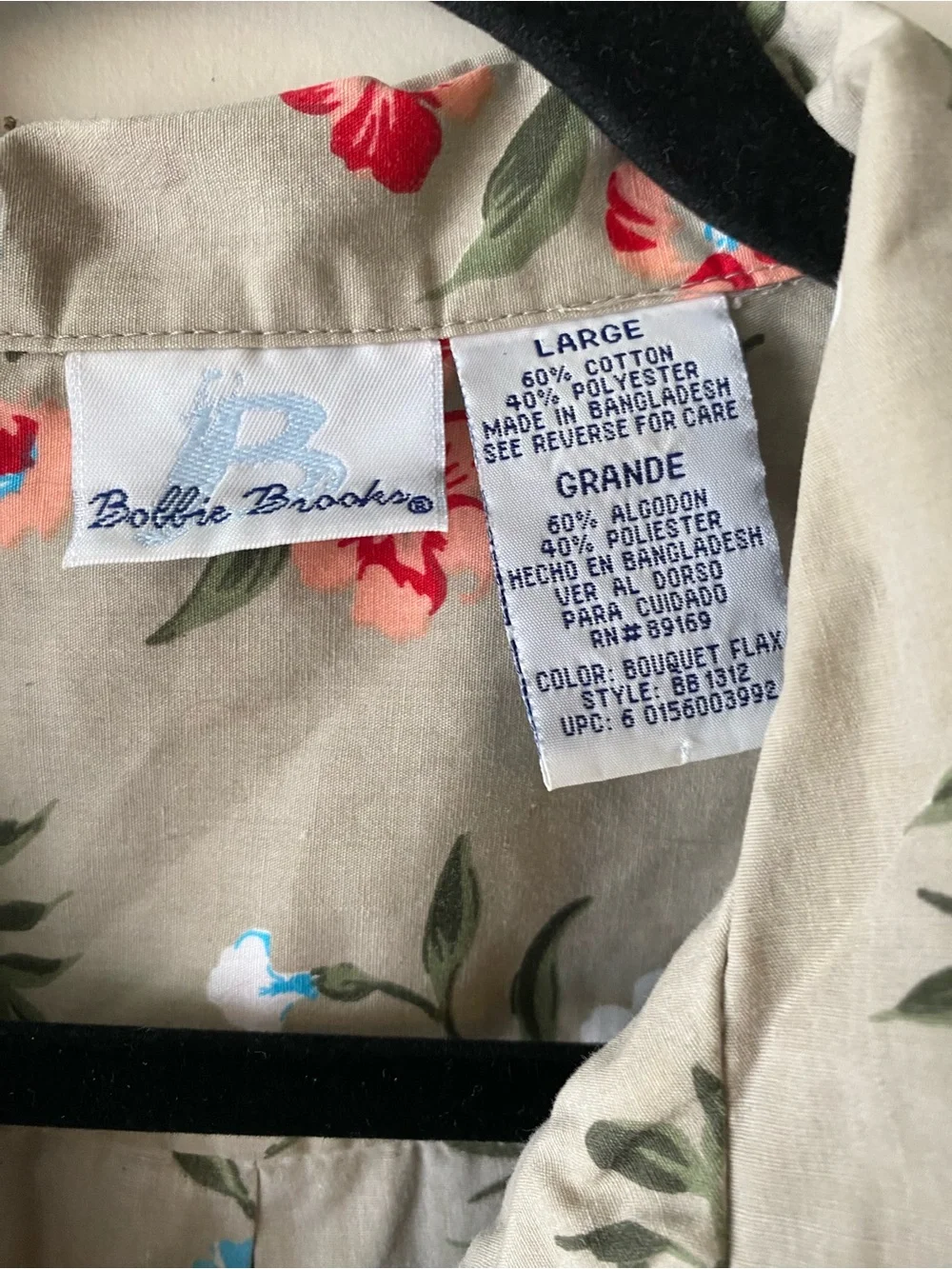 Vintage Bobbie Brooks Floral Blouse Large Flax Tan Red Button Down Shirt